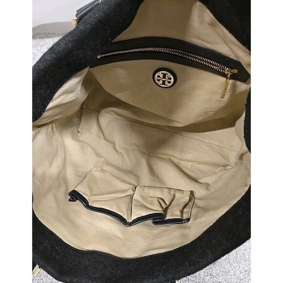 Tory Burch Ella Tote Felt Wool Leather Handbag Charcoal Gray Size Large - Picture 12 of 13